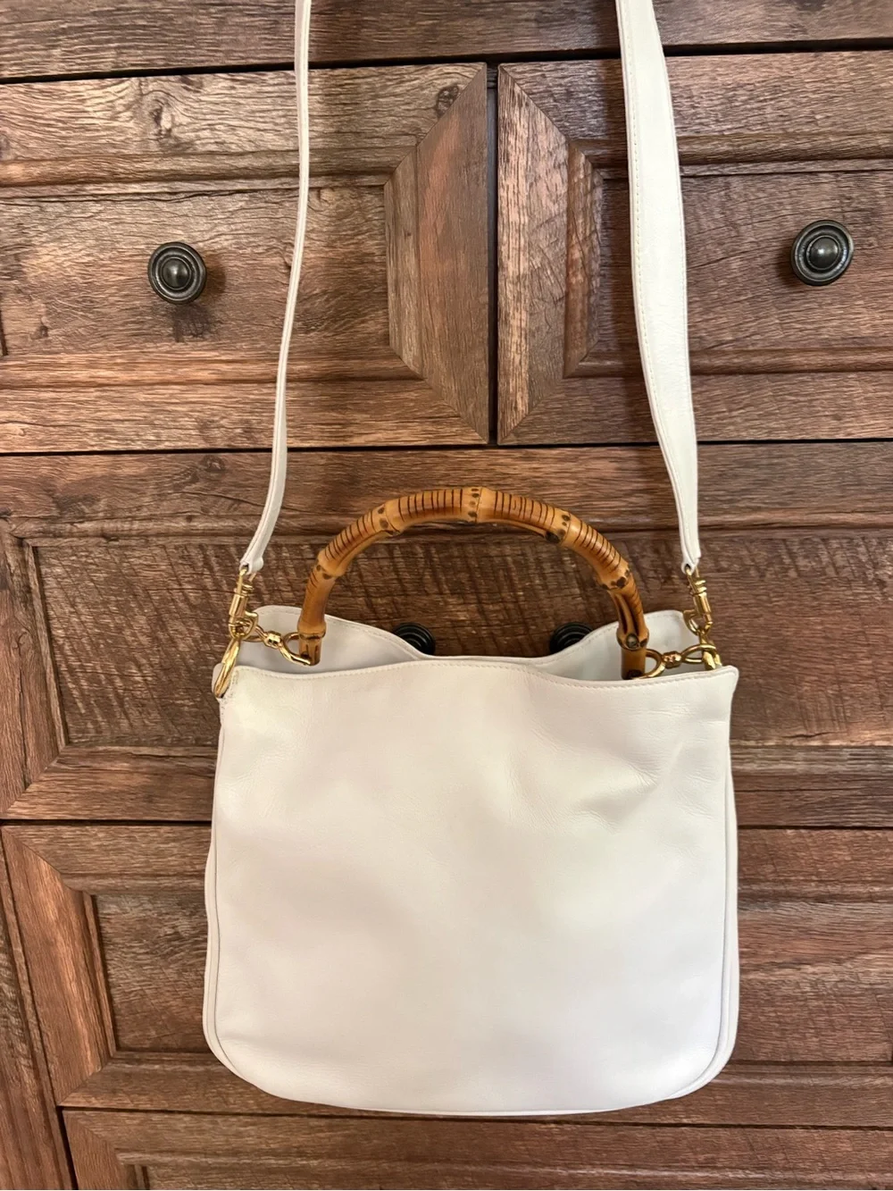 Gucci White Leather Bamboo-Handle Bag